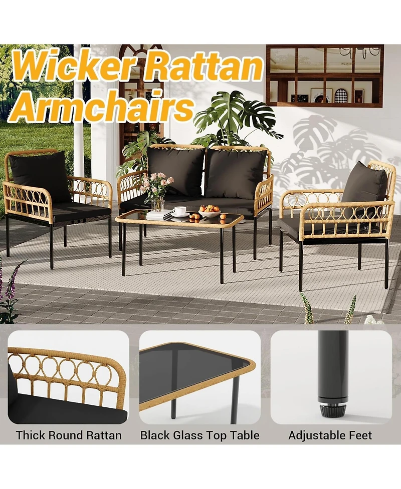 4 Pieces Patio Furniture Sets Wicker Outdoor Patio Table and Chairs Set with Glass Side Table, Loveseat Chairs, Boho Rattan Conversation Sets for Bist