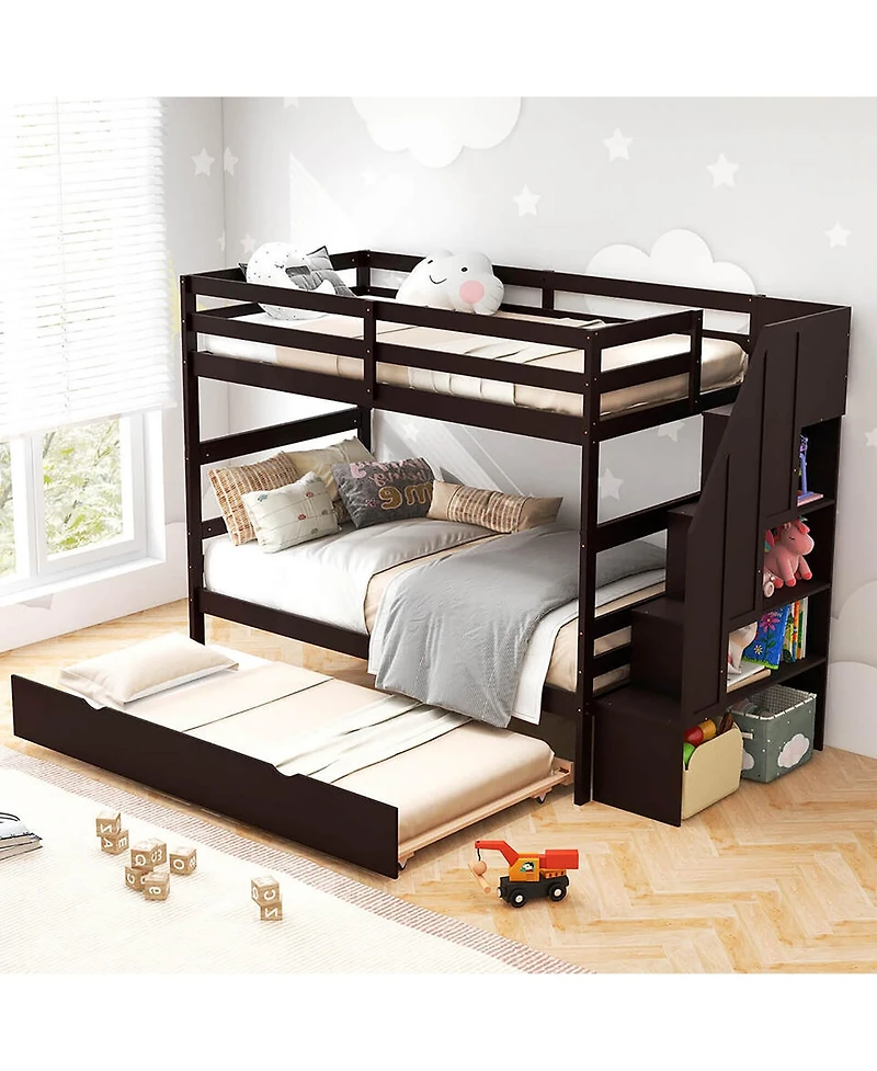 Gymax Twin over Wooden Bunk Bed w/ Trundle Storage Stairs Convertible