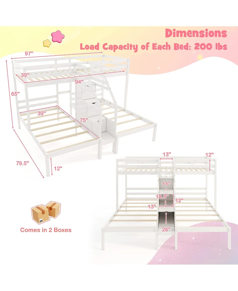 Gymax Wooden Twin Over Twin & Twin Bunk Bed w/ 4-Step Storage Staircase Guardrail