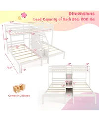 Gymax Wooden Twin Over Twin & Twin Bunk Bed w/ 4-Step Storage Staircase Guardrail