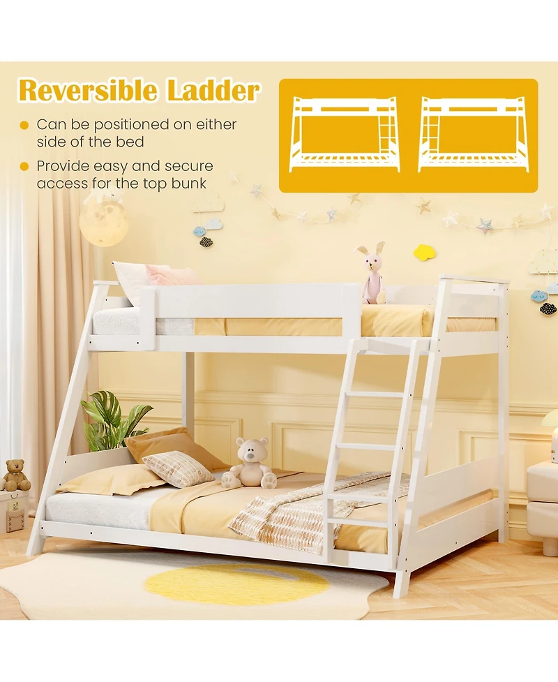 Gymax Twin Over Full Low Bunk Bed Solid Wooden Floor w/ Reversible Ladder White
