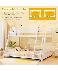 Gymax Twin Over Full Low Bunk Bed Solid Wooden Floor w/ Reversible Ladder White