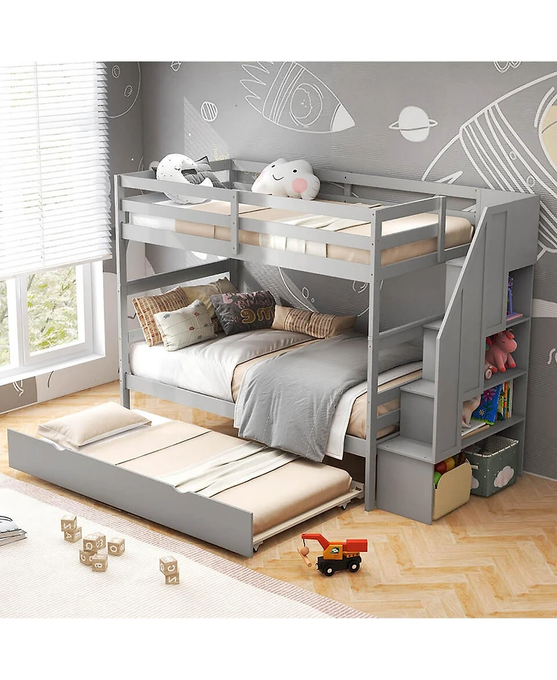 Gymax Twin over Wooden Bunk Bed w/ Trundle Storage Stairs Convertible