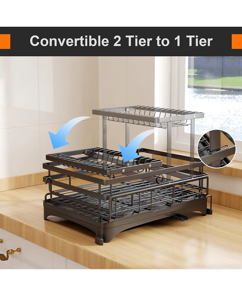 Dish Drying Rack,Extendable Dish Rack with Cutlery Holder, Anti-Rust Black Dish Racks for Kitchen Counter