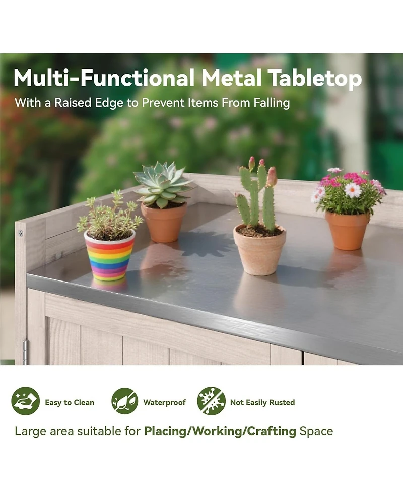 Aecojoy Potting Bench, Outdoor Wooden Storage Cabinet with Adjustable Shelf, Metal Tabletop