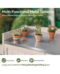 Aecojoy Potting Bench, Outdoor Wooden Storage Cabinet with Adjustable Shelf, Metal Tabletop