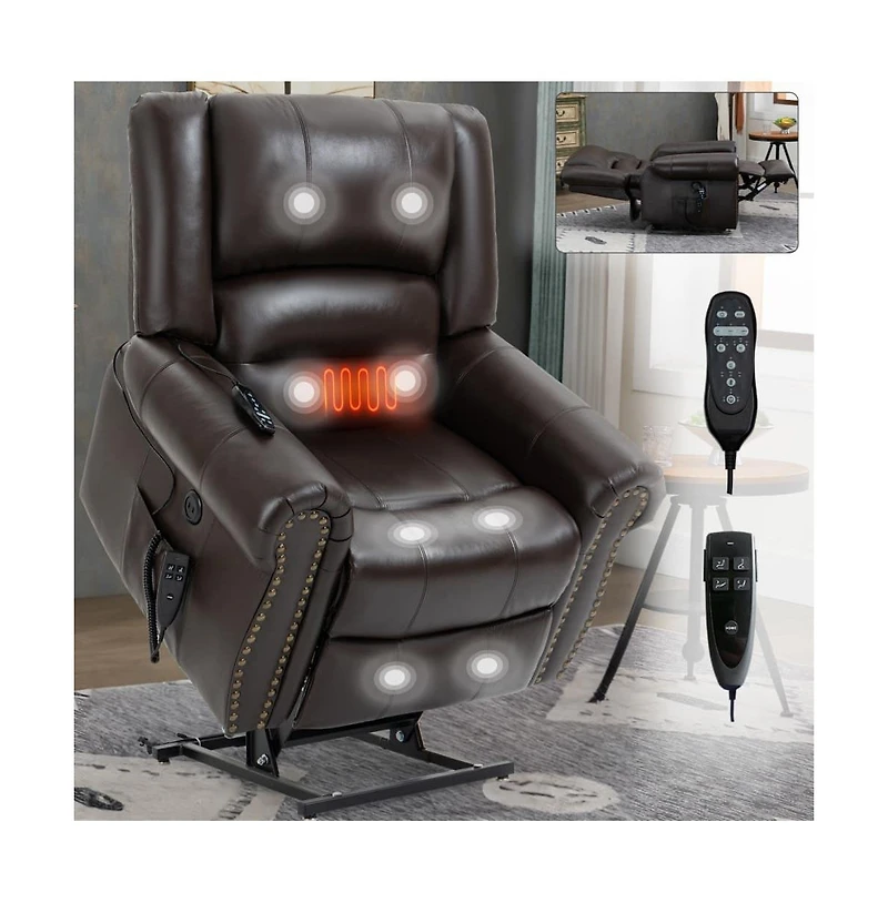 Maison Boucle Dual Motor Power Lift Recliner with Massage & Heat, Leather Electric Chair Usb Infinite Positions-Maison