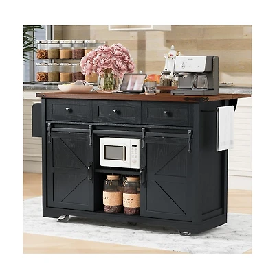 Maison Boucle 53.7" Farmhouse Kitchen Island with Drop Leaf, Power Outlet, Barn Doors & Drawers, Rolling Storage Cart-Maison Boucle