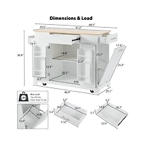 Rolling Kitchen Island with Trash Bin Cabinet, Power Outlet, 3 Drawers, Side Spice Racks, Solid Wood Top, Lockable Wheels-Maison Boucle