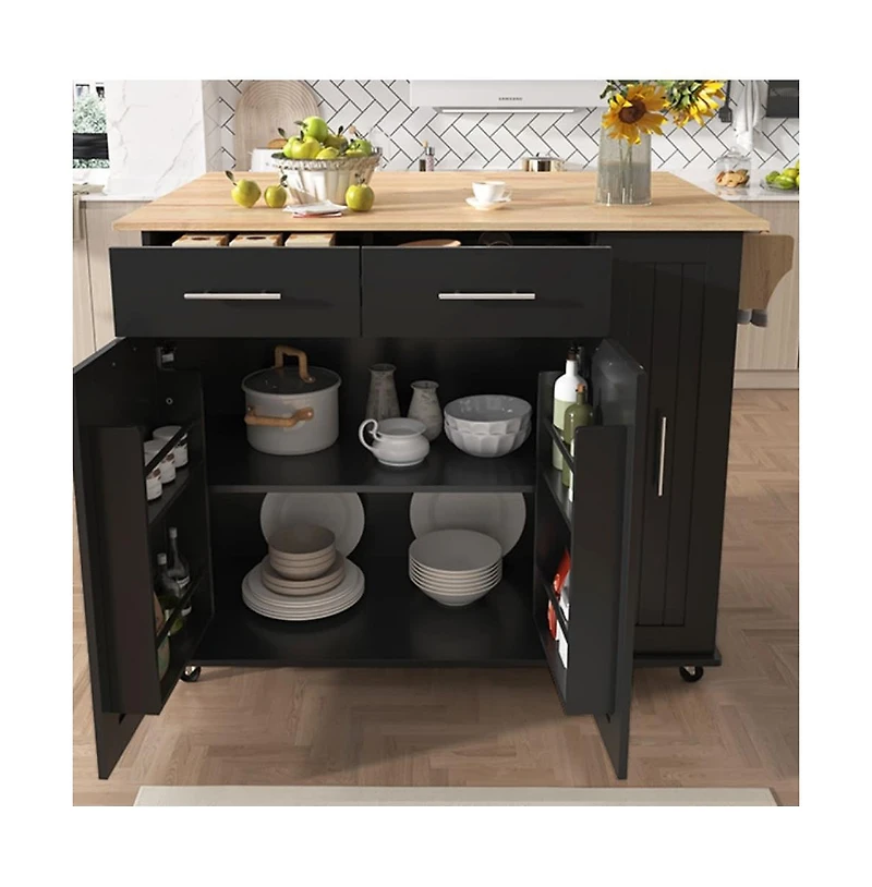 46" Kitchen Island with Drop Leaf, 3-Tier Pull-Out Organizer & Hidden Door Racks, Rolling Cart Rubberwood Top-Maison Boucle
