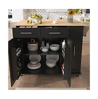 46" Kitchen Island with Drop Leaf, 3-Tier Pull-Out Organizer & Hidden Door Racks, Rolling Cart Rubberwood Top-Maison Boucle