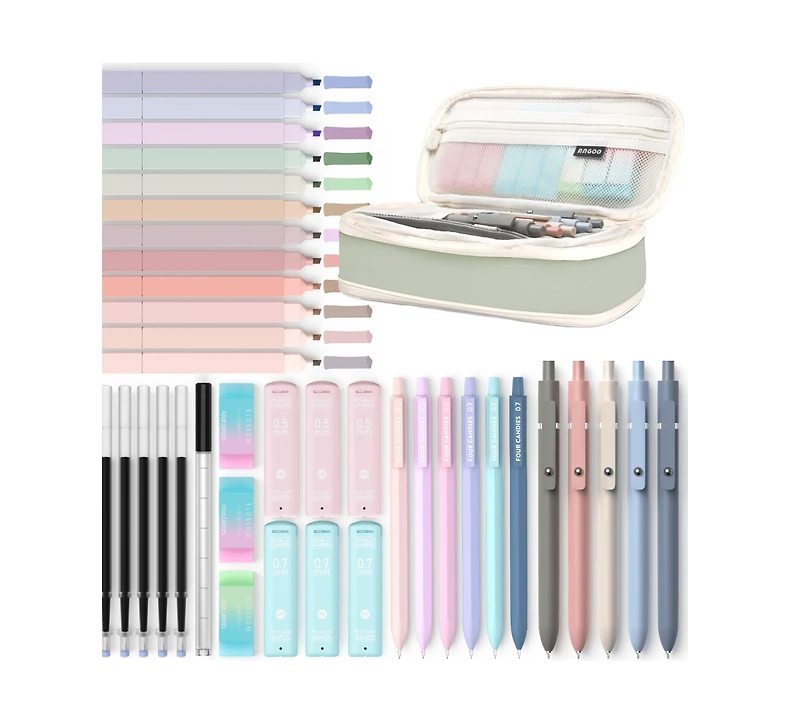 Htutwoo 39 Pcs Aesthetic School Supplies With Cute Pen Case, 12 Pastel Highlighters, 5 Black Ink Gel Pens, 6 Mechanical Pencils Set 0.5 & 0.7 Mm For S