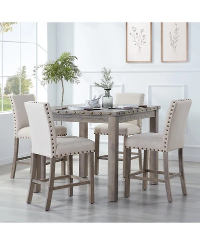 Morden Fort Rustic Counter Height Dining Table Set for 4, Farmhouse 5-Piece Linen Upholstered Stools Dinette Set with Nailhead Accents