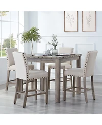 Morden Fort Rustic Counter Height Dining Table Set for 4, Farmhouse 5-Piece Linen Upholstered Stools Dinette Set with Nailhead Accents