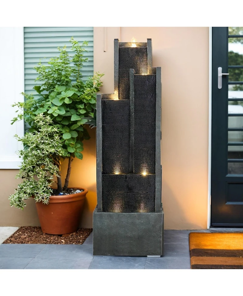 SunJet 5-Tier Modern Water Fountain, Indoor/Outdoor Resin Water Fountains with Soothing Water Sounds & Warm Led Light, Perfect for Garden, Patio, Home
