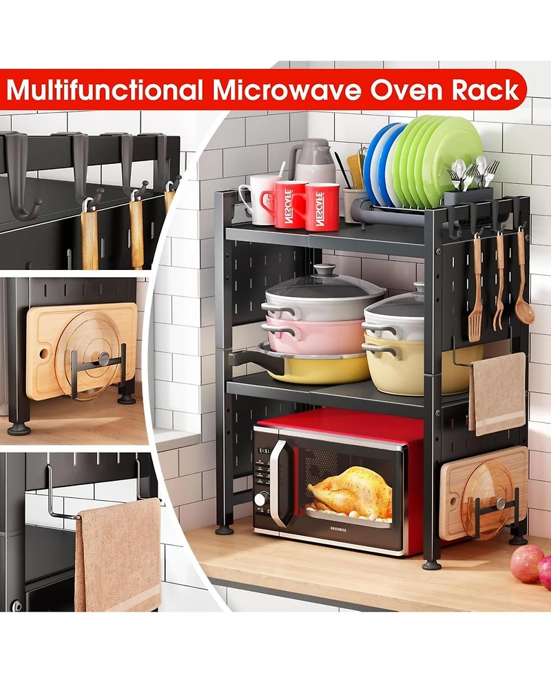 Kitstorack 17.4"- 27.4" Expandable Microwave Stand, 3-Tier Heavy Duty Adjustable Height Microwave Oven Rack with 9 Hooks and Cutting Board Holder, Cou