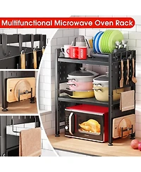 Kitstorack 17.4"- 27.4" Expandable Microwave Stand, 3-Tier Heavy Duty Adjustable Height Microwave Oven Rack with 9 Hooks and Cutting Board Holder, Cou