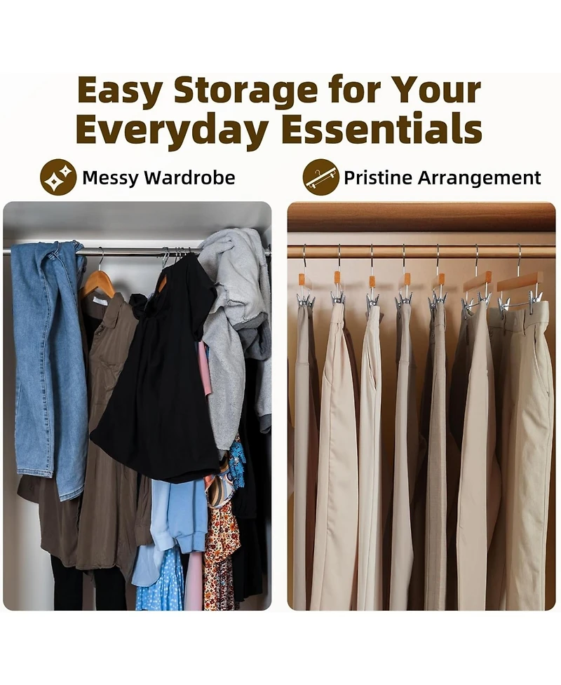 Premium Solid Lotus Wood Hangers for Pants & Skirts with Adjustable Clips Natural 25 Pack