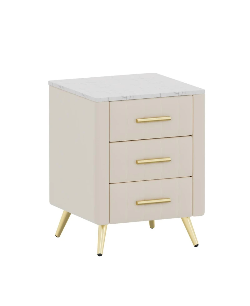 Streamdale Furniture Upholstered Nightstand - 3 Drawers, Metal Legs & Marbling Top