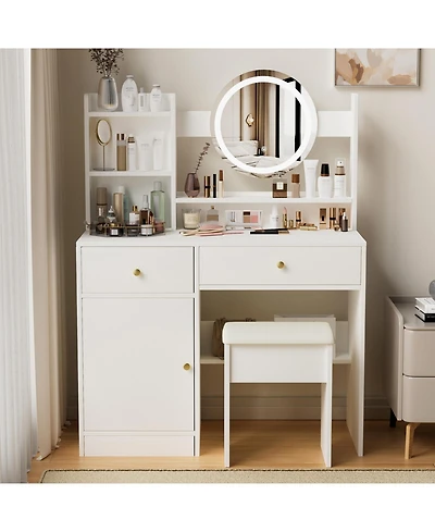 Streamdale Furniture Vanity Desk with Mirror, Lights, and Cushioned Chair