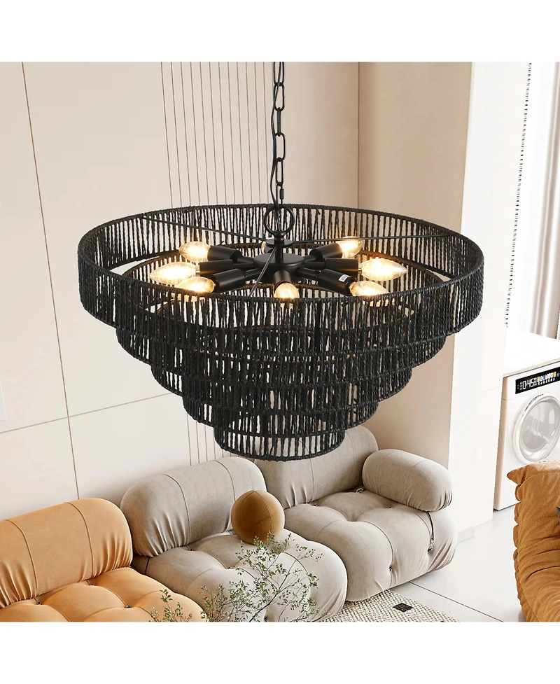 Streamdale Furniture Rustic 5-Tier Hemp Rope Chandelier with 8 Sockets, Hardwired Pendant