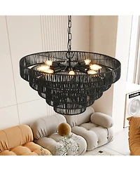 Streamdale Furniture Rustic 5-Tier Hemp Rope Chandelier with 8 Sockets, Hardwired Pendant