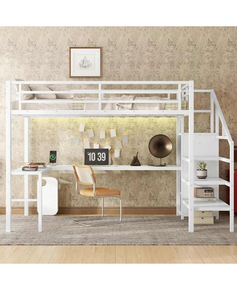 Streamdale Furniture Loft Bed with Desk Wardrobe Shelf & Led - White