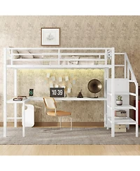 Streamdale Furniture Loft Bed with Desk Wardrobe Shelf & Led - White