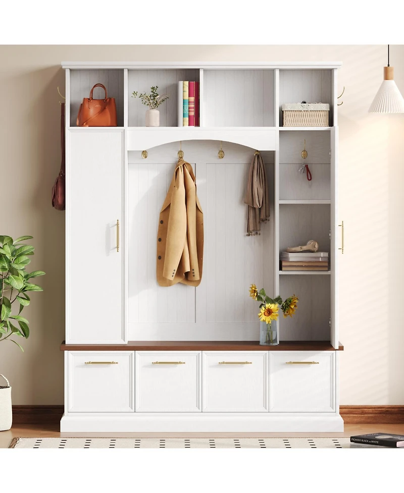 Streamdale 4-in-1 Hall Tree: 59" Wide, Golden Hooks, Walnut Bench, Adjustable Shelves, White