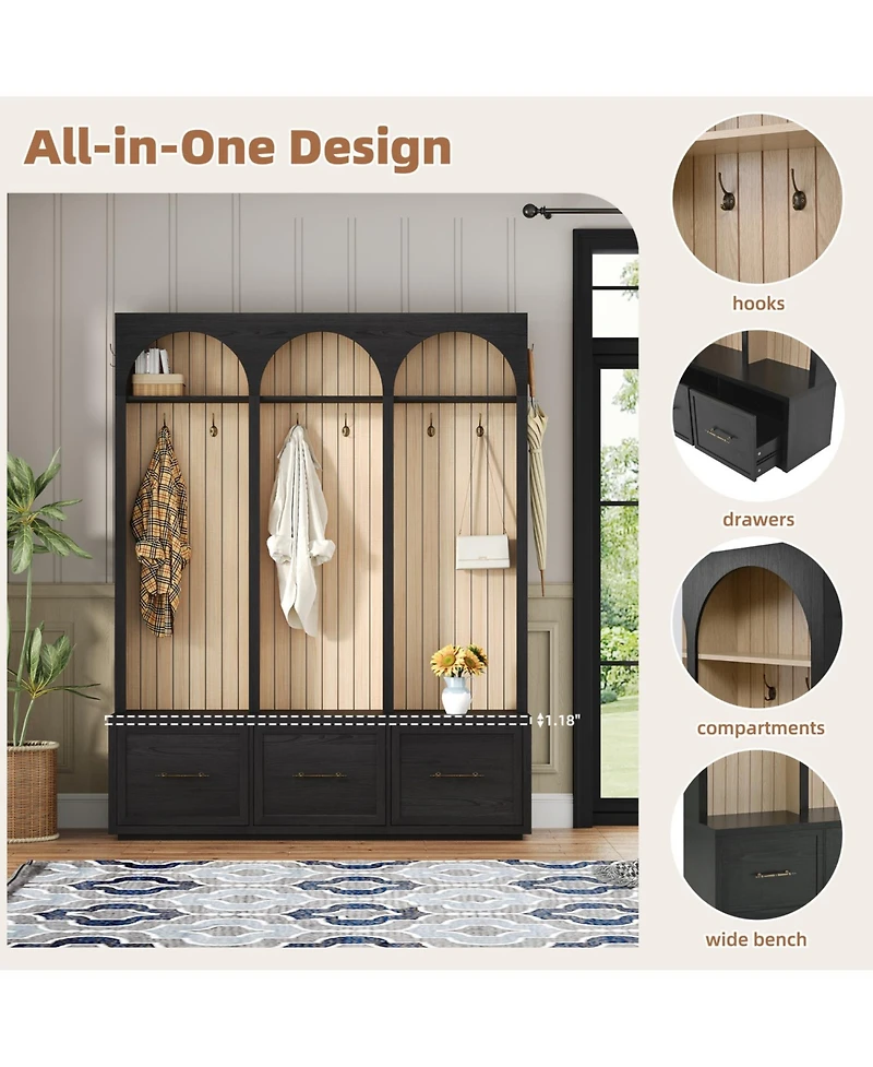 Streamdale Furniture Farmhouse Hall Tree: 59" Entry Bench, 8 Hooks, 3 Drawers, Black