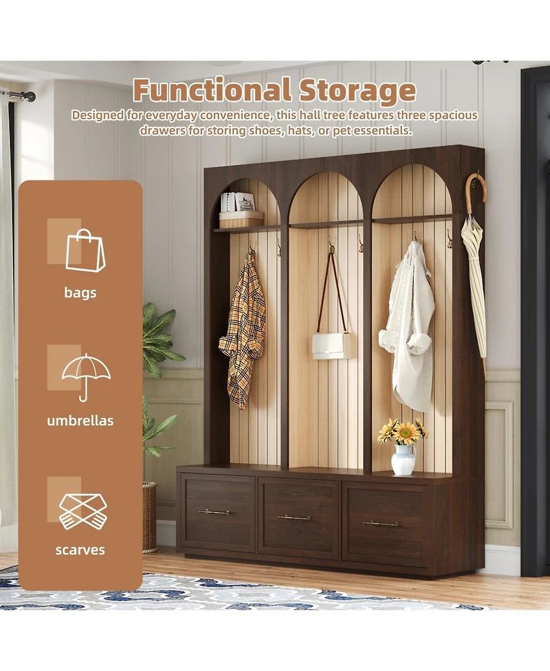 Streamdale Farmhouse Hall Tree Bench, 59" Wide, 8 Hooks, 3 Drawers, Dark Walnut
