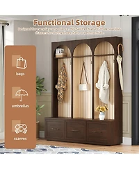 Streamdale Farmhouse Hall Tree Bench, 59" Wide, 8 Hooks, 3 Drawers, Dark Walnut