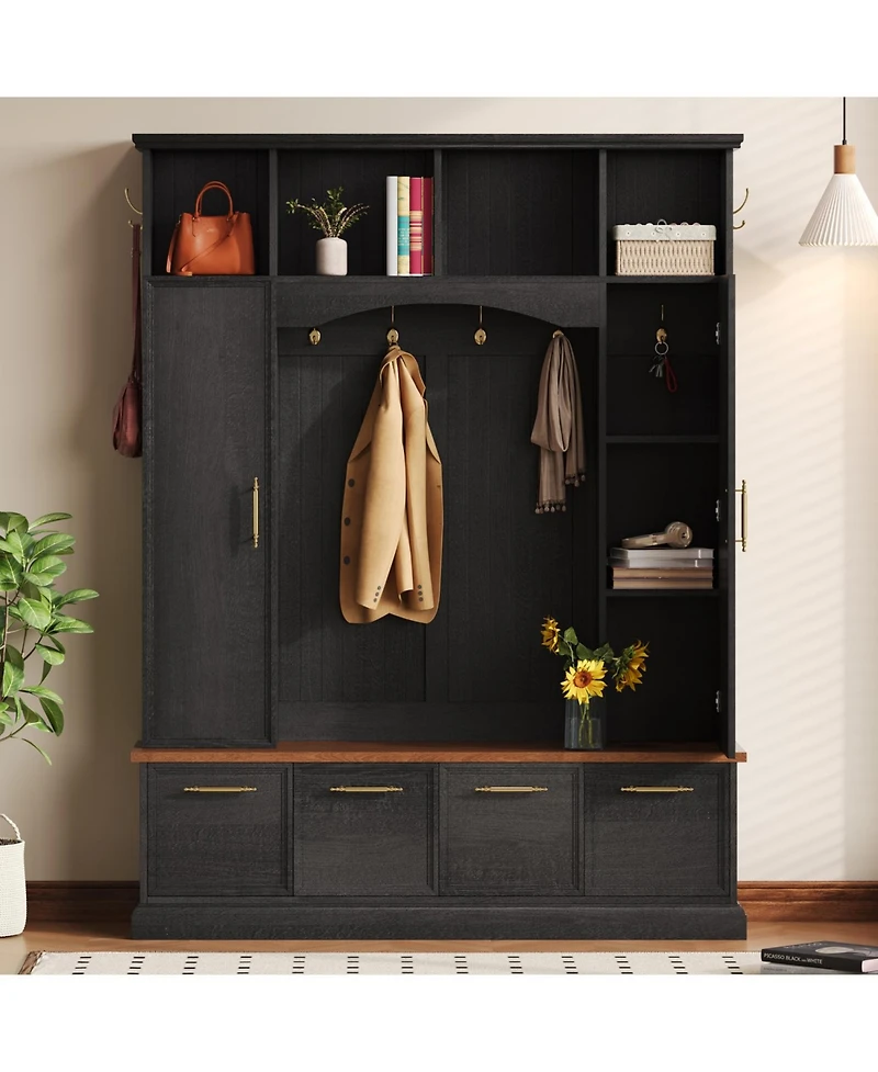 Streamdale 4-in-1 Hall Tree: 59" Wide, Golden Hooks, Walnut Bench, Adjustable Shelves, White