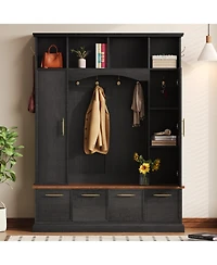 Streamdale 4-in-1 Hall Tree: 59" Wide, Golden Hooks, Walnut Bench, Adjustable Shelves, White