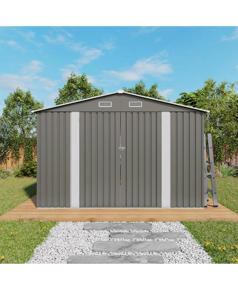 Streamdale Furniture 10x12FT Metal Garden Storage Shed, Double Door, Window, Waterproof - Grey