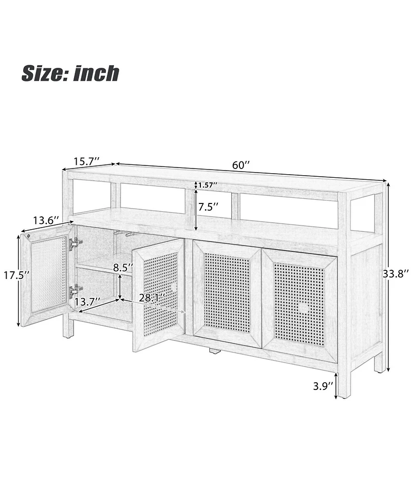 Streamdale Furniture Rattan Adjustable Shelves, Push-to-Open Buffet Cabinet