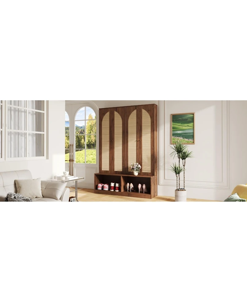 Streamdale Farmhouse Hall Tree - Rattan Doors, Bench, Hooks, Shoe Cabinet - Walnut, 55.1"W