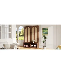 Streamdale Farmhouse Hall Tree - Rattan Doors, Bench, Hooks, Shoe Cabinet - Walnut, 55.1"W