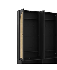 Streamdale Farmhouse Hall Tree: Rattan Doors, Bench, Hooks, Shoe Cabinet - Black, 55.1"W