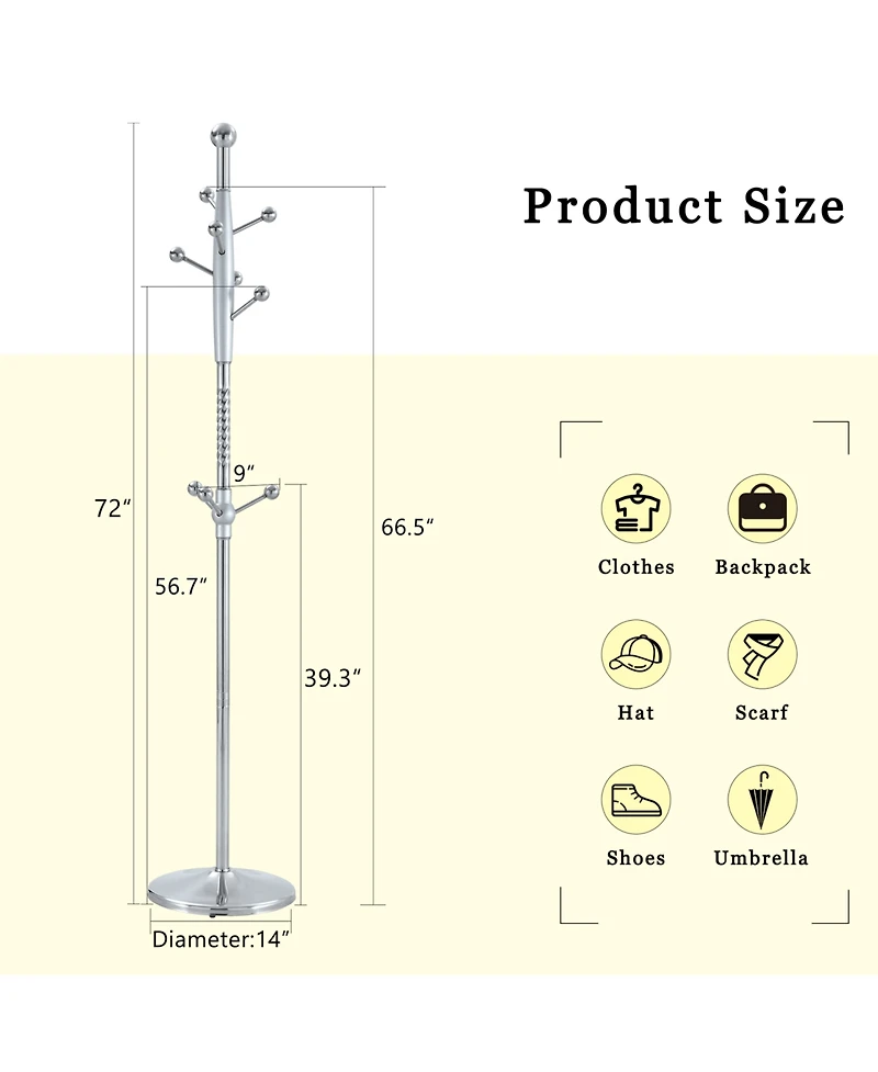 Streamdale Furniture Modern Silver & Gold Coat Rack - 72 Inch, Detachable Bracket