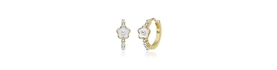 GiGiGirl 14K Gold Plated with White Enamel Pearl & Clear Cubic Zirconia Flower Design Hoop Earrings