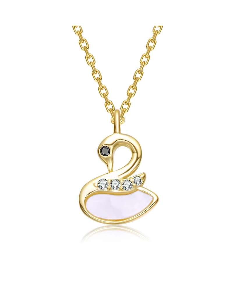 GiGiGirl 14K Gold Plated with Black Eyes, Clear Cubic Zirconia Graceful Swan Design Pendant Necklace For Kids