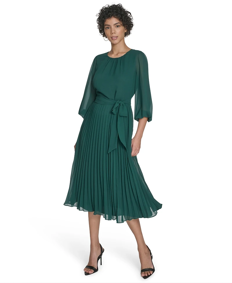 Jessica Howard Petite Balloon Sleeve Shirred Neck Pleated Skirt Belted Midi Dress