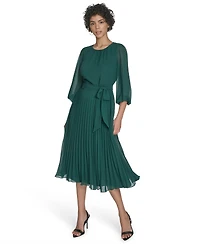 Jessica Howard Petite Balloon Sleeve Shirred Neck Pleated Skirt Belted Midi Dress