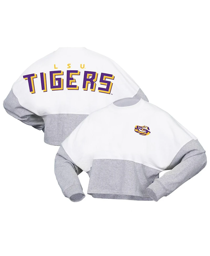 Spirit Jersey Women's White Lsu Tigers Heather Block Cropped Long Sleeve T-Shirt