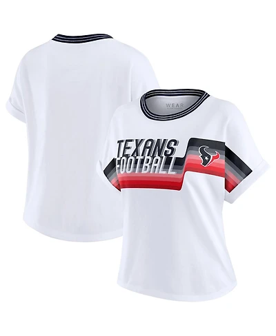 Wear by Erin Andrews Women's White Houston Texans Cropped Center Stripe Dolman T-Shirt