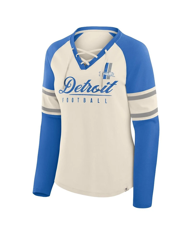 Fanatics Women's Cream/Blue Detroit Lions Hometown Gridiron Hero Raglan Lace-Up V-Neck Long Sleeve T-Shirt