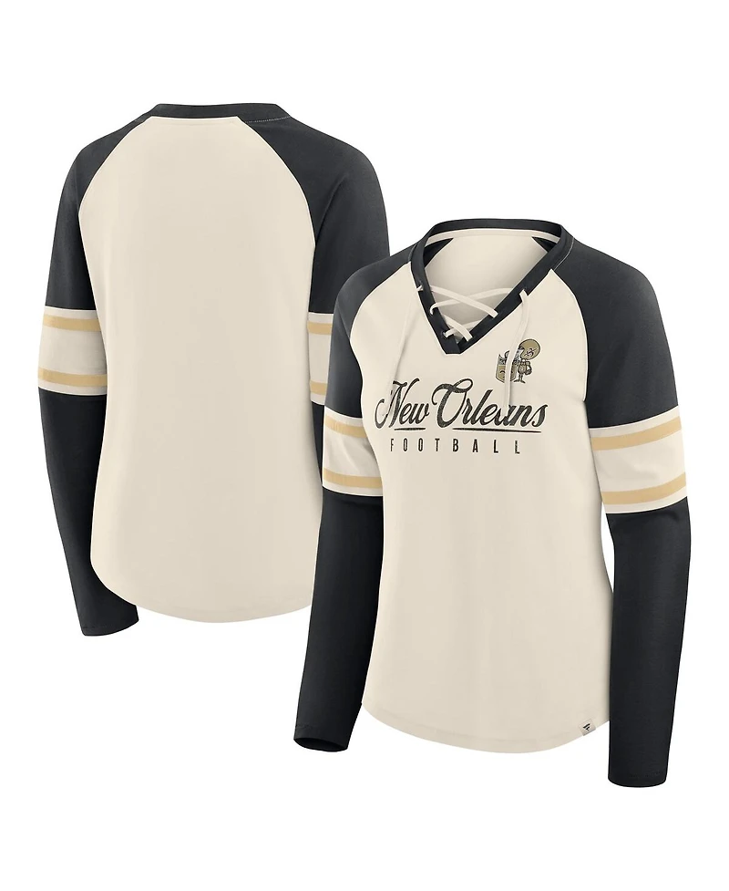 Fanatics Women's Cream/Black New Orleans Saints Hometown Gridiron Hero Raglan Lace-Up V-Neck Long Sleeve T-Shirt