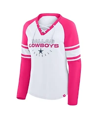Fanatics Women's White/Pink Dallas Cowboys Redzone Rhinestone Bling Lace Up Long Sleeve T-shirt