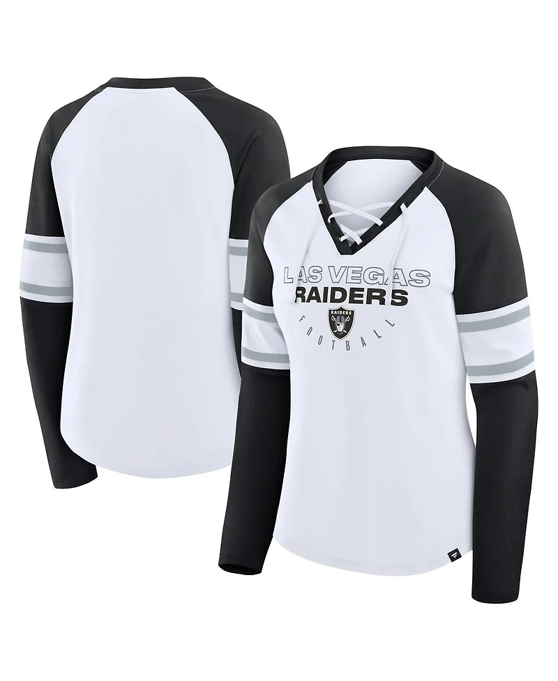 Fanatics Women's White/Black Las Vegas Raiders Redzone Blitz Package Raglan Lace-Up V-Neck Long Sleeve T-Shirt